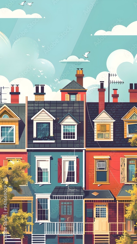 Fototapeta premium Colorful Row of Houses with a Blue Sky