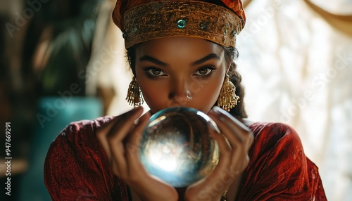 Fortune teller in action  clairvoyant predicts the future with enigmatic crystal ball