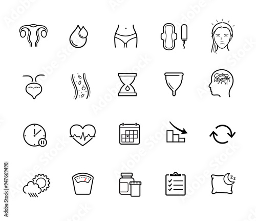 Woman menstruation cycle set icons. The outline icons are well scalable and editable. Contrasting elements are good for different backgrounds. EPS10.