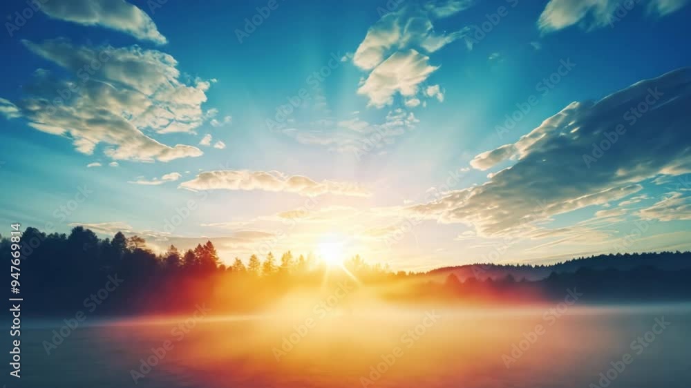 A beautiful, serene landscape with a bright sun shining through the clouds A beautiful, serene landscape with a bright sun shining through the clouds