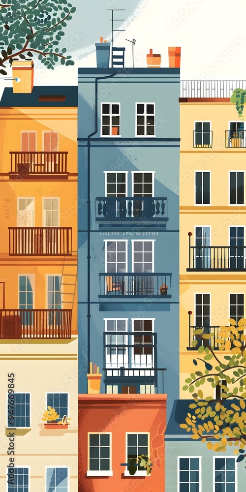 Colorful Illustration of Row Houses with Balconies Colorful Illustration of Row Houses with Balconies