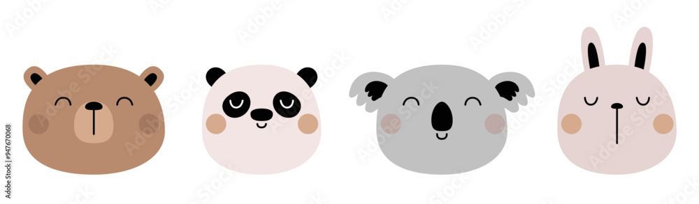 Cute panda, koala, grizzly bear, bunny rabbit set. Funny face head. Kawaii cartoon character. Happy Valentines Day. Childish style. Sticker print. Greeting card. White background. Flat design. Vector Cute panda, koala, grizzly bear, bunny rabbit set. Funny face head. Kawaii cartoon character. Happy Valentines Day. Childish style. Sticker print. Greeting card. White background. Flat design. Vector