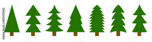 Christmas tree set line. Green fir tree collection. Pine trees. Greeting card, banner, web, sticker print template. Different shape. New Year winter sign symbol. Flat design. White background. Vector