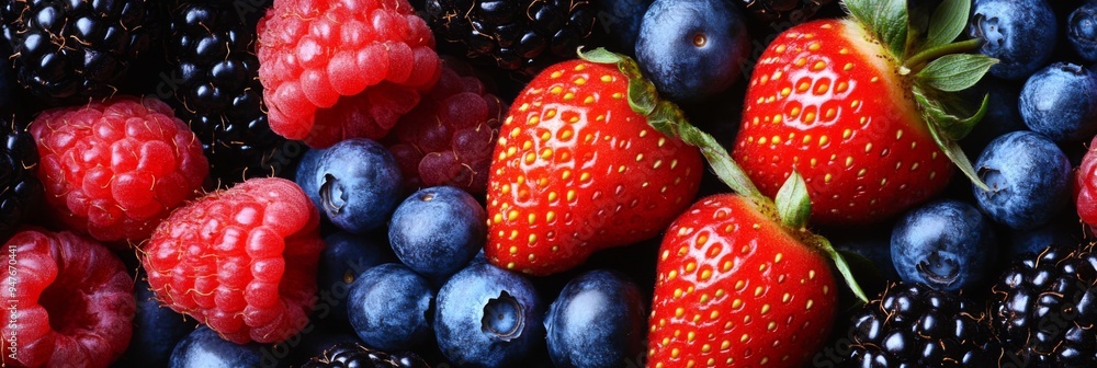 Vibrant Mix of Fresh Berries: Strawberries, Blueberries, Raspberries, and Blackberries. Background Vibrant Mix of Fresh Berries: Strawberries, Blueberries, Raspberries, and Blackberries. Background