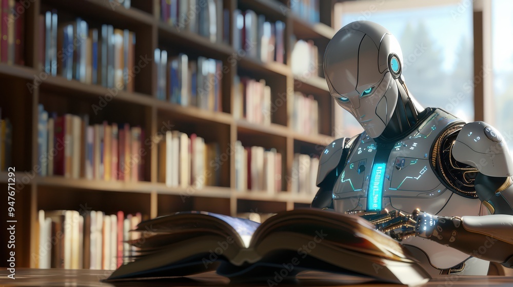 Humanoid AI robot reading against a fuzzy background in a library Humanoid AI robot reading against a fuzzy background in a library
