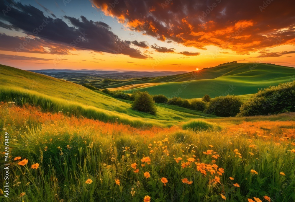 stunning vibrant sunset over rolling hills lush green fields capturing breathtaking beauty, nature, landscape, scenery, colors, sky, clouds, evening, dusk stunning vibrant sunset over rolling hills lush green fields capturing breathtaking beauty, nature, landscape, scenery, colors, sky, clouds, evening, dusk