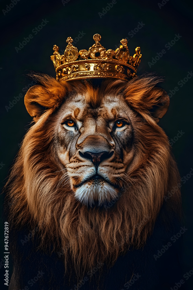 Naklejka premium An elegant lion with a crown with a dramatic background