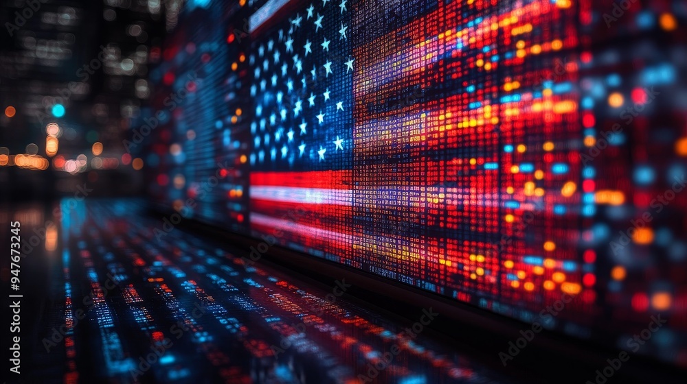 Obraz premium Nighttime screensaver of the American flag on a smart TV in an urban environment