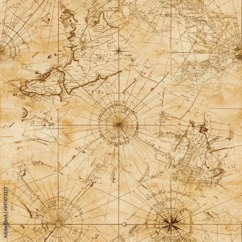 Seamless pattern of vintage nautical charts with aged parchment texture