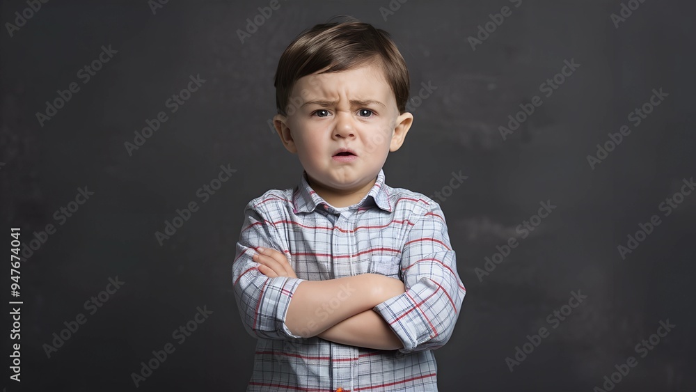 Serious little boy with crossed arms looking confidently at the camera, isolated on a dark grey background Serious little boy with crossed arms looking confidently at the camera, isolated on a dark grey background
