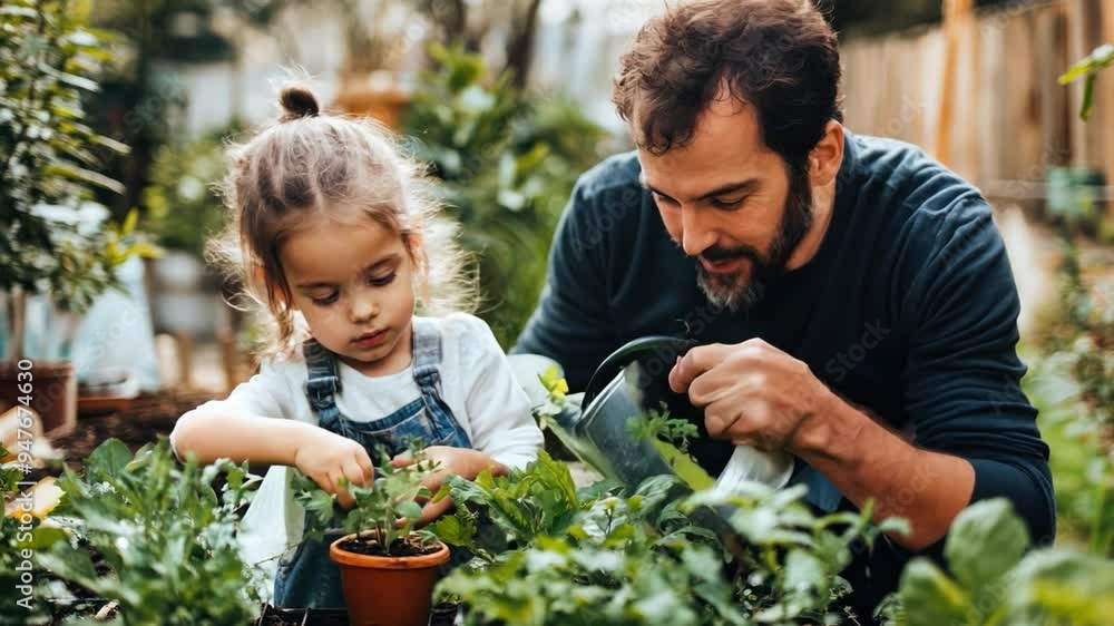 custom made wallpaper toronto digitalA father and daughter watering plants in the garden, each taking a watering can, working together to keep the garden healthy