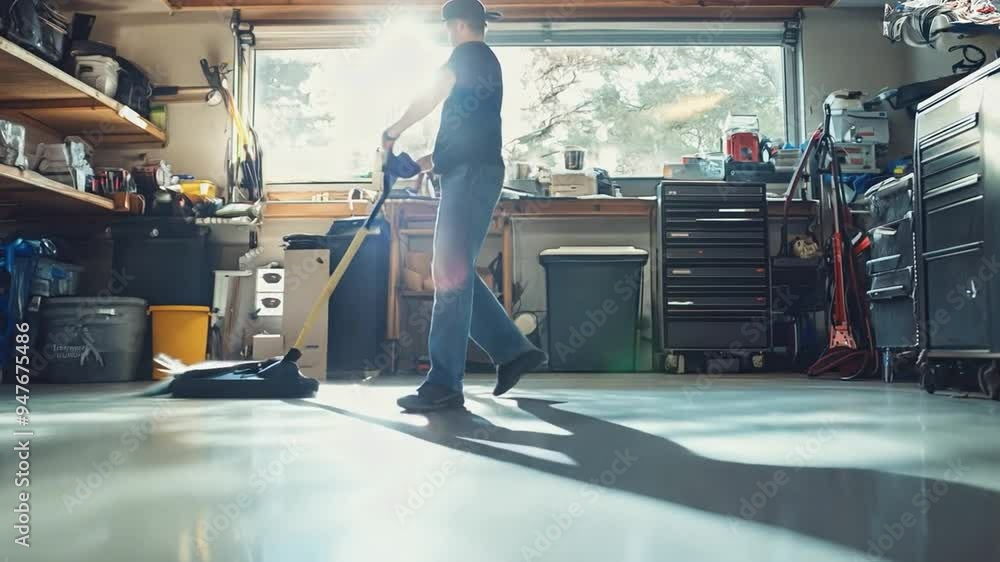 A busy man quickly sweeping the garage floor, keeping his workspace tidy before a full day of meetings A busy man quickly sweeping the garage floor, keeping his workspace tidy before a full day of meetings