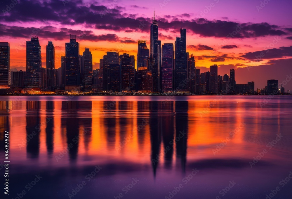 Obraz premium breathtaking sunset over city skyline dazzling lights reflecting water, aesthetic, backdrop, beauty, bright, captivating, charming, cityscape, colors, colorful