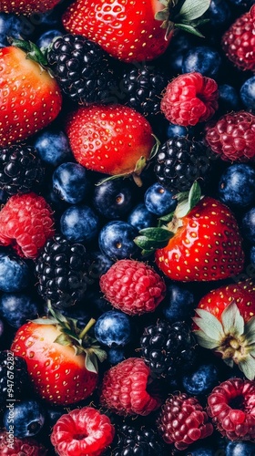 Colorful Background of Fresh Berries: Strawberries, Blueberries, Raspberries, and Blackberries