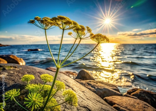 Warm sunlight dances across the rugged shoreline as a retro dill pickle stretches languidly on a bed of weathered rocks, a California dreamer in vinegar form. photo