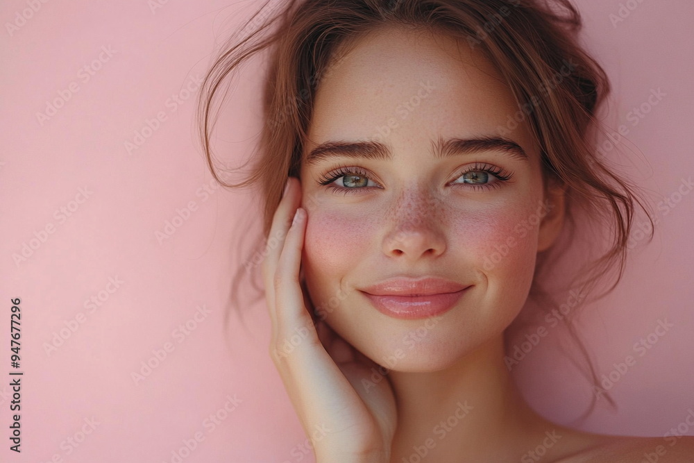 Skincare and beauty portrait. A Caucasian woman with beautiful face touching healthy facial skin. Young adult smiling girl model with natural makeup touching glowing hydrated skin on pink background. Skincare and beauty portrait. A Caucasian woman with beautiful face touching healthy facial skin. Young adult smiling girl model with natural makeup touching glowing hydrated skin on pink background.