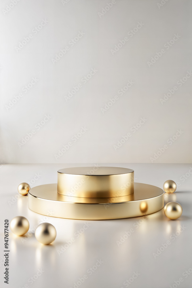 Gold cylindrical podium on round plarform with scattered decorative golden spheres on a light floor against plain wall Gold cylindrical podium on round plarform with scattered decorative golden spheres on a light floor against plain wall