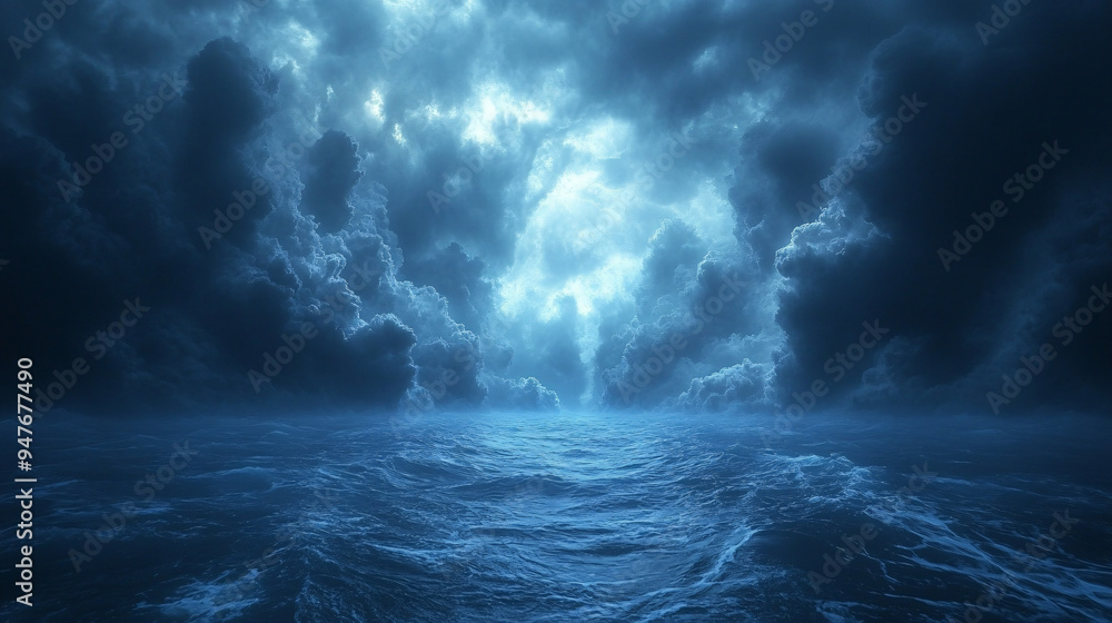 A haunting and eerie scene of a dark and stormy ocean under a black and blue sky, creating a spooky and mysterious atmosphere. A haunting and eerie scene of a dark and stormy ocean under a black and blue sky, creating a spooky and mysterious atmosphere.