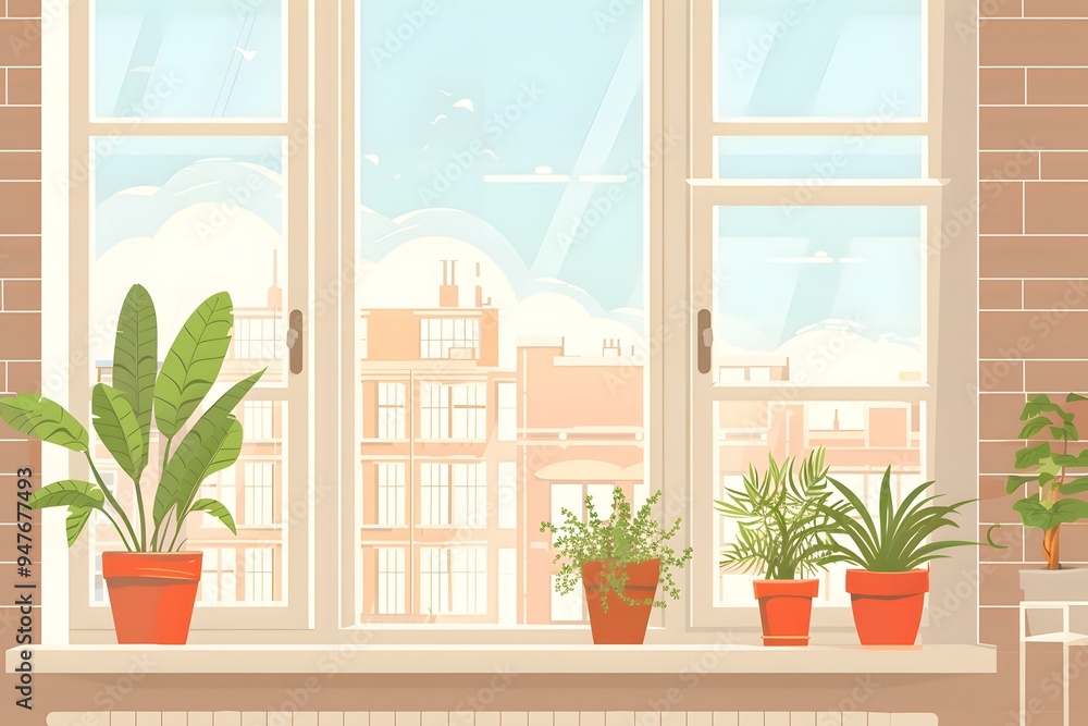 Window View with Cityscape and Plants Window View with Cityscape and Plants