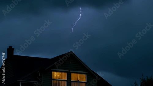 Lightening strikes over a house.