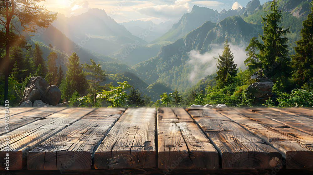 A wooden table for displaying merchandise with a beautiful view behind it.