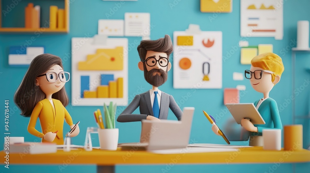 Creative 3D cartoon scene of a working team, showing diverse characters engaged in various business activities, symbolizing teamwork and productivity. Creative 3D cartoon scene of a working team, showing diverse characters engaged in various business activities, symbolizing teamwork and productivity.