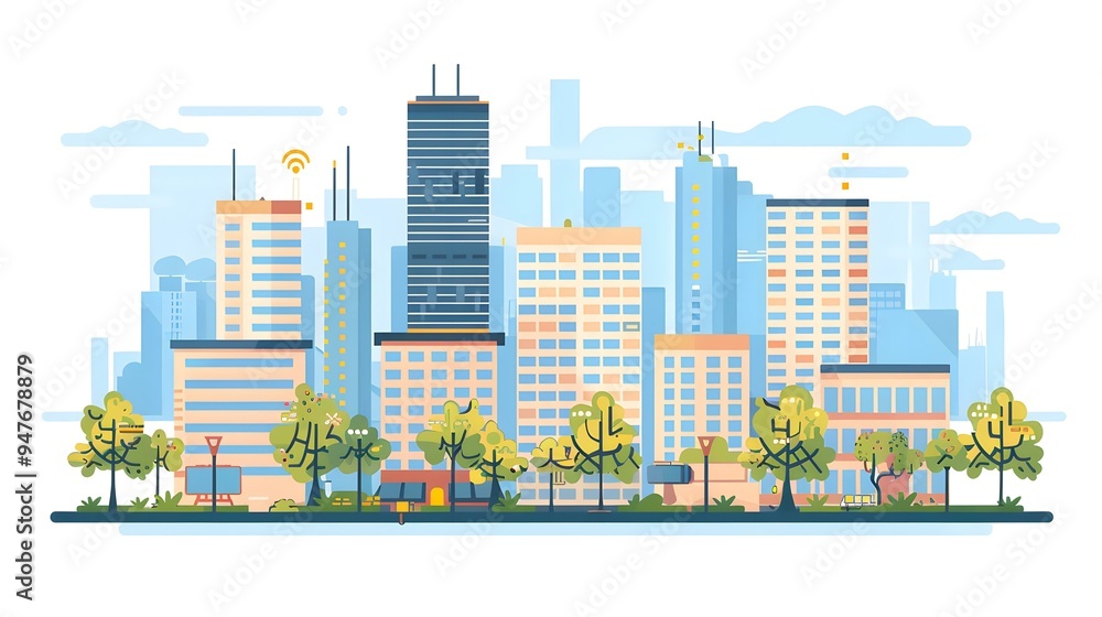 Modern Cityscape with Skyscrapers and Green Trees Modern Cityscape with Skyscrapers and Green Trees