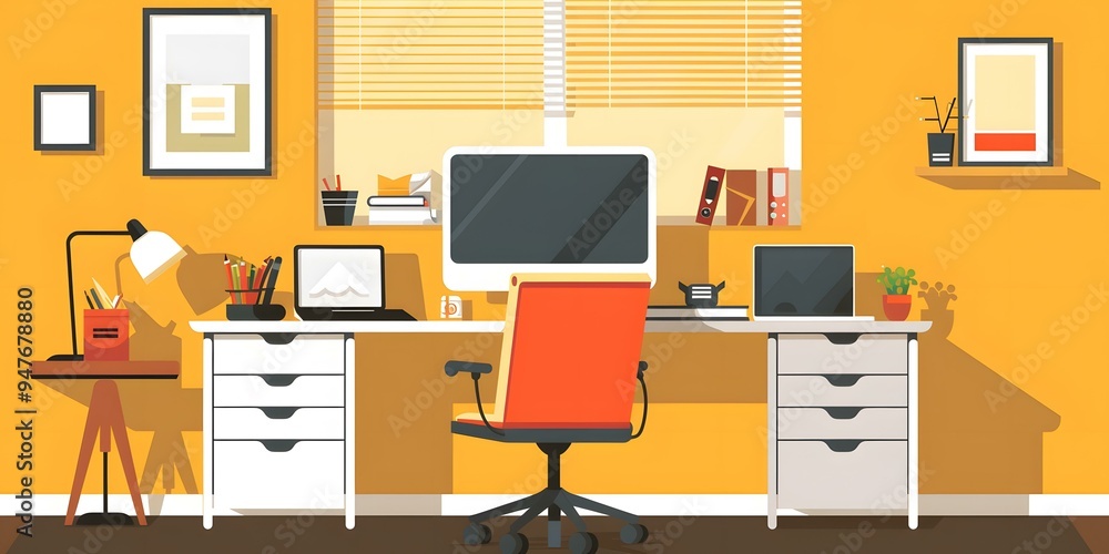 Modern Office Desk with Yellow Wall Modern Office Desk with Yellow Wall