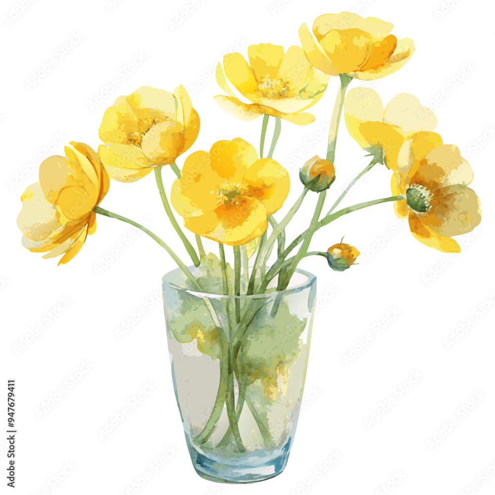 Buttercups in a Glass Vase Watercolor Painting Buttercups in a Glass Vase Watercolor Painting