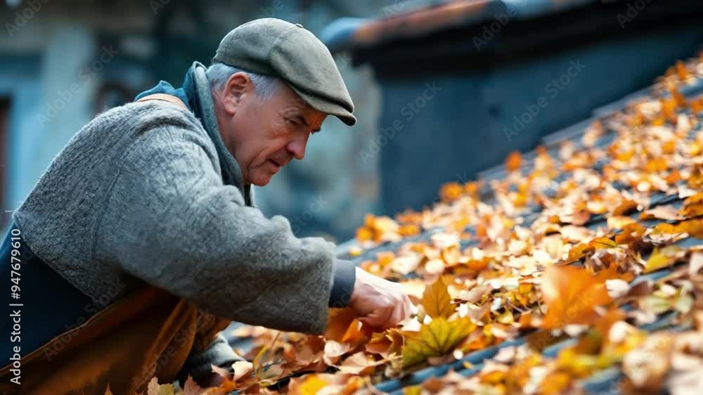 A man carefully swept the leaves off the roof. Keep your gutters clear and your roof clean. A man carefully swept the leaves off the roof. Keep your gutters clear and your roof clean.
