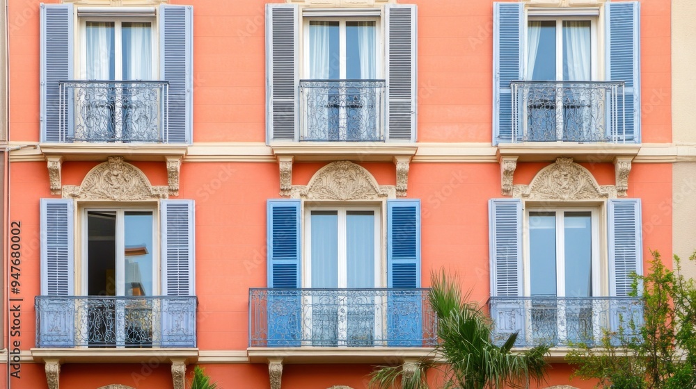 Orange Facade with Blue Shutters and Balconies Orange Facade with Blue Shutters and Balconies