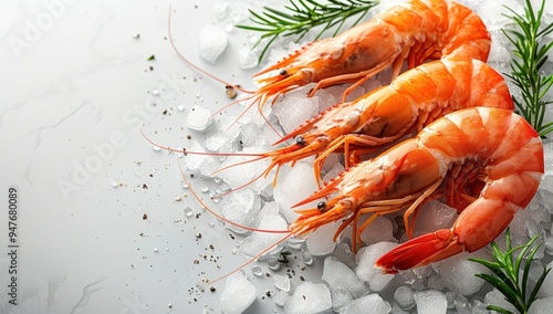 A close-up of fresh, cooked shrimp on ice with parsley and spices.