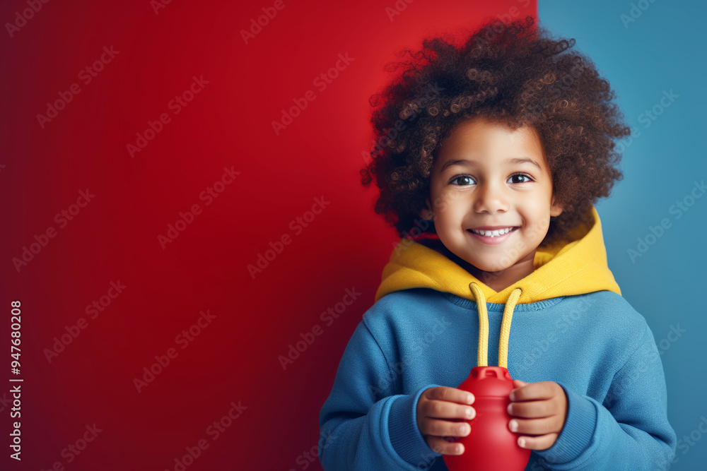 The curly haired 4 year old boy with an afro hairstyle in a yellow hoodie, holding a bright red toy in a modern The curly haired 4 year old boy with an afro hairstyle in a yellow hoodie, holding a bright red toy in a modern