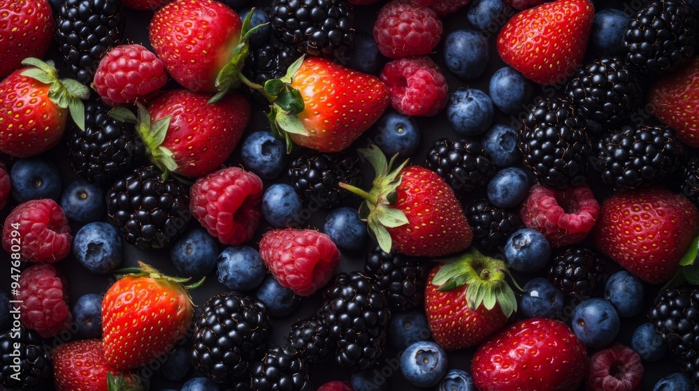 Colorful Background of Fresh Berries: Strawberries, Blueberries, Raspberries, and Blackberries Colorful Background of Fresh Berries: Strawberries, Blueberries, Raspberries, and Blackberries