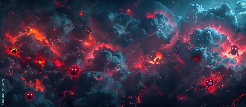 Dark, brooding storm clouds with sporadic flashes of red lightning and angry emojis, evoking a sense of rage. Dark, brooding storm clouds with sporadic flashes of red lightning and angry emojis, evoking a sense of rage.