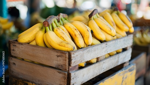 A wooden crate of bananas on display at the local market, with blurred background. photo-realistic techniques,  photo