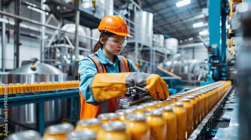 A worker in a safety uniform operating a large canning machine in a food production facility
