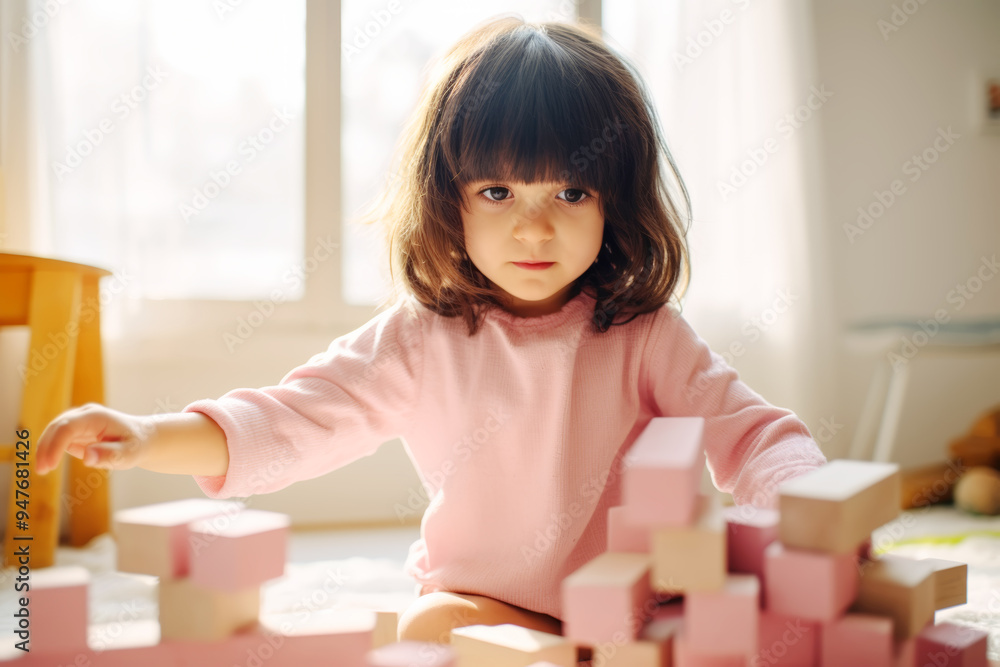 The small 3 year old girl with black hair and bangs in a pink t-shirt, playing with building blocks The small 3 year old girl with black hair and bangs in a pink t-shirt, playing with building blocks