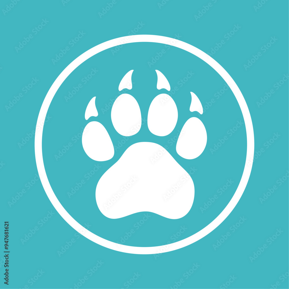 White animal paw print in circle. Big cat paw logo. White animal paw print in circle. Big cat paw logo.