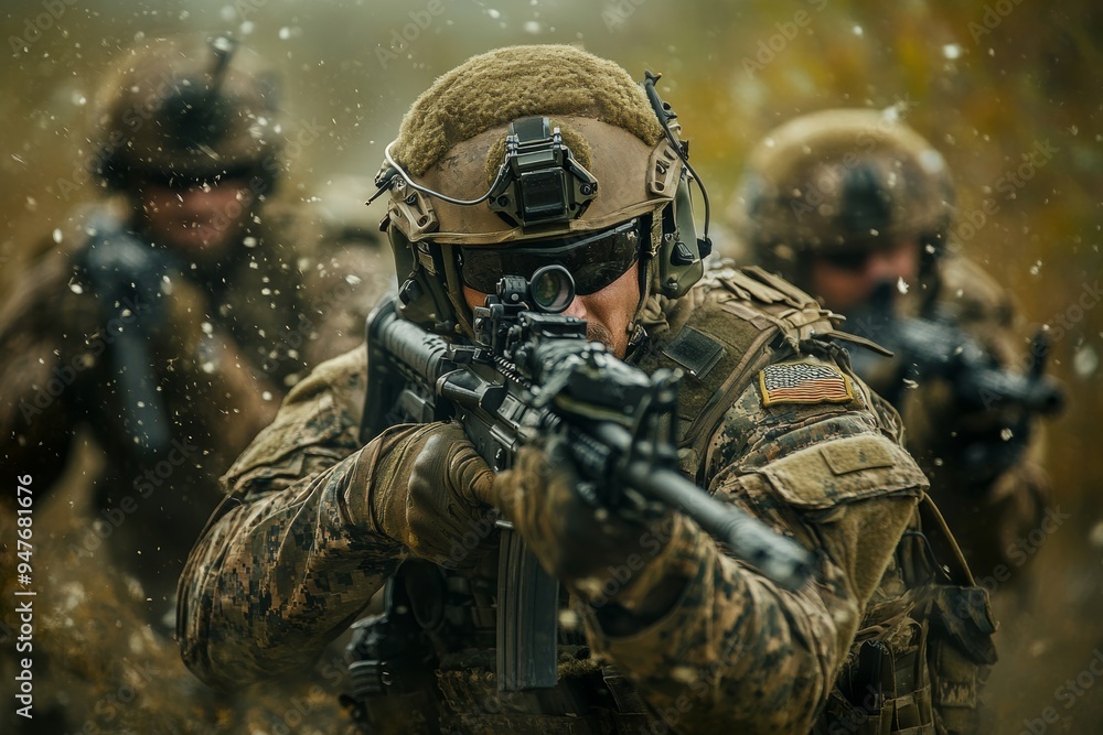 Military operation rangers engaged in tactical maneuvers during a field mission Military operation rangers engaged in tactical maneuvers during a field mission