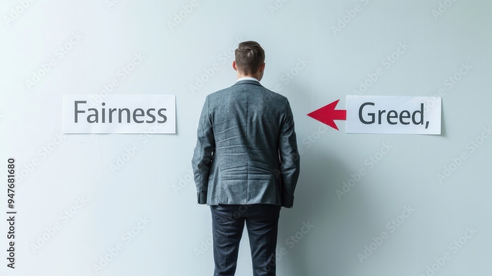 Determined businessman standing before a white wall with arrows labeled Determined businessman standing before a white wall with arrows labeled
