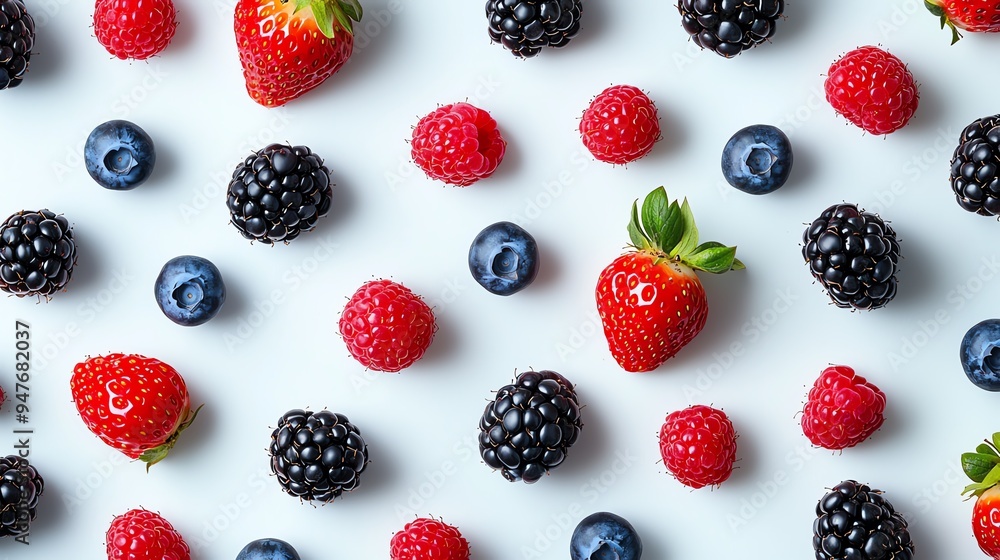 A vibrant arrangement of assorted berries including strawberries, blueberries, raspberries, and blackberries on a light background. A vibrant arrangement of assorted berries including strawberries, blueberries, raspberries, and blackberries on a light background.