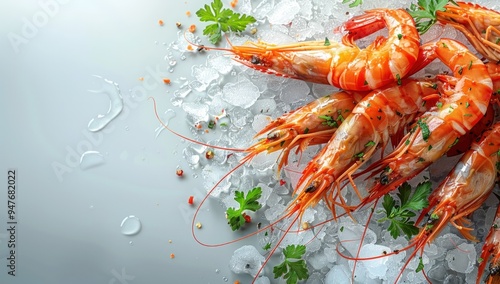 A close-up of fresh, cooked shrimp on ice with parsley and spices.