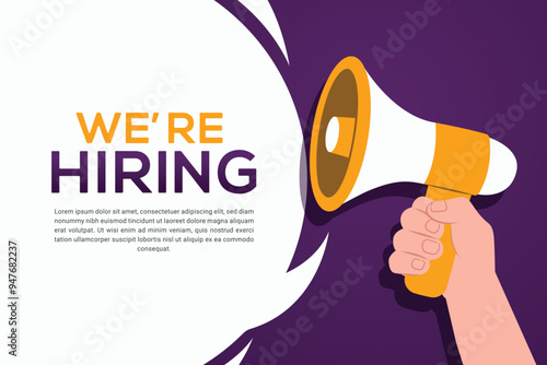 We're hiring with minimalist design concept. Business recruiting with hand holding megaphone vector illustration