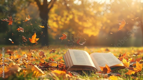 A park in the summer with a book open and autumn leaves falling