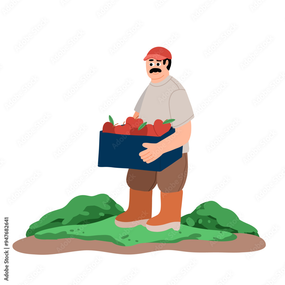 vector illustration of a man farmer holding a box with apples