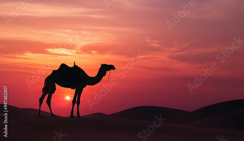 Silhouette of a camel against the sunset sky in a desert, a Middle Eastern landscape background. A silhouette of an Arabian dromedary