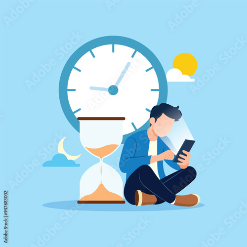 Smartphone addiction. Wasting time by scrolling smartphone, exhausted man sitting with clock and sandglass using smartphone concept vector illustration