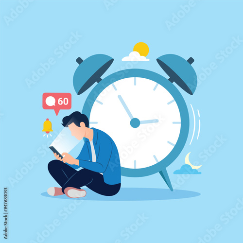 Smartphone addiction. Wasting time by scrolling smartphone, exhausted man sitting with clock and sandglass using smartphone concept vector illustration
