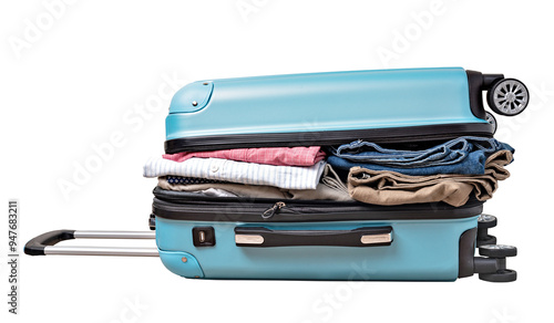 open suitcase with casual clothes isolated. png file